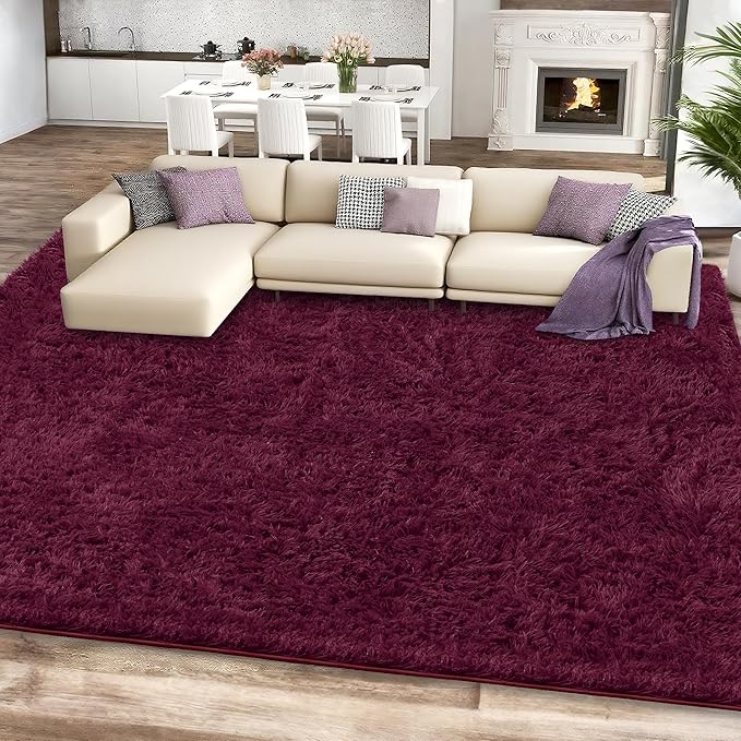8x10 Burgundy Fluffy Shag Area Rugs for Living Room Bedroom Girls | Ultra Soft Comfy, Large Fuzzy Shaggy Plush Carpet for Nursery Kids Dorm, Modern Indoor Home Decor, Upgrade Non-Slip