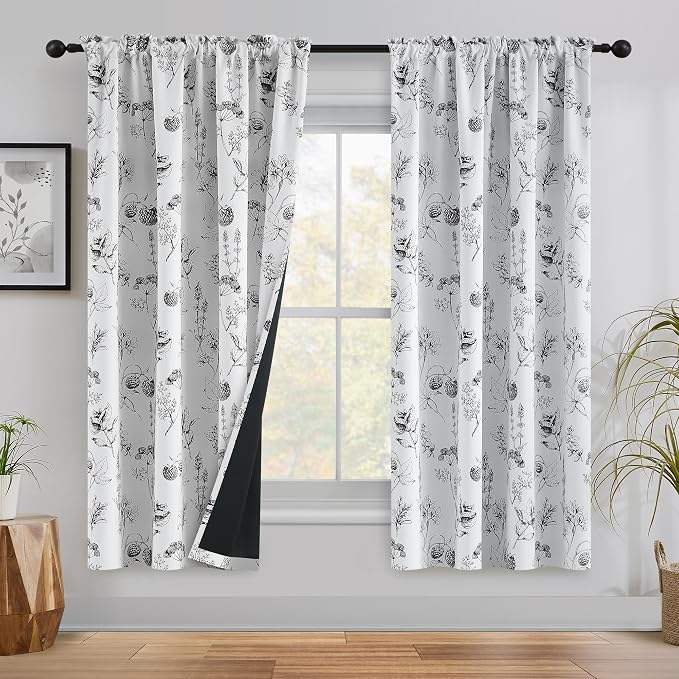 FMFUNCTEX 100% Blackout Black Lichi Curtains 63 Inch Back Tab 2 Panels | Black Out Drapes, Thermal Insulated Cottage Farmhouse, Lichi Flower Patterned Curtain for Bedroom, Living Room Darkening