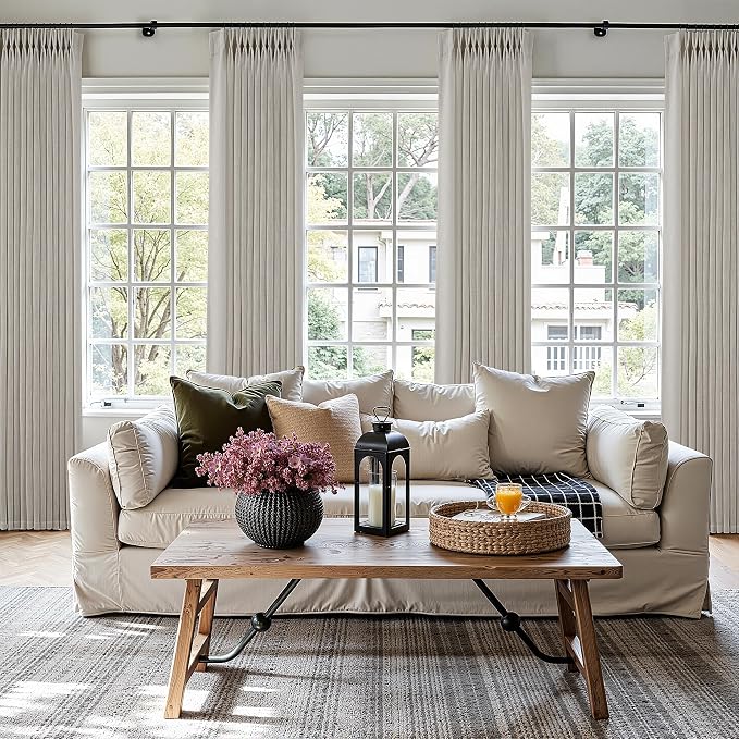Pinch Pleated Linen Curtains 108 Inches Long 2 Panels for Living Room Bedroom Light Filtering Curtain Memory Shape Trained Pinch Pleat Thick Linen Drapes Back Tab with Hooks Clip Rings Taupe