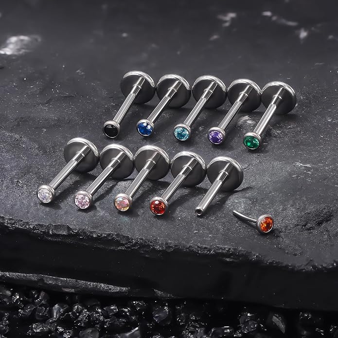 Ruifan Titanium Flat Back Lip Rings Threadless Push in Earrings Studs Nose Rings 20G 18G 16G Jeweled Mix Colors CZ Tragus Cartilage Lobe Rook Helix Conch Labret Medusa Piercing Jewelry for Women Men
