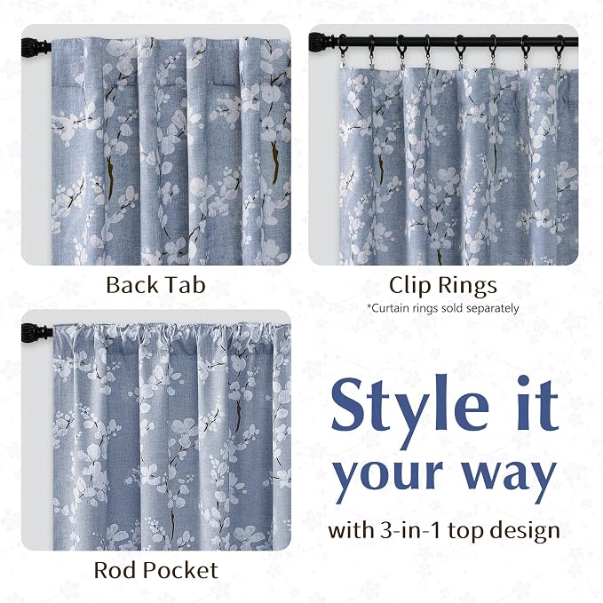 FMFUNCTEX 100% Blackout Blue Floral Curtains 63 Inch Rod Pocket 2 Panels | Black Out Drapes, Thermal Insulated Cottage Farmhouse, Blossom Flower Patterned Curtain for Bedroom, Living Room Darkening