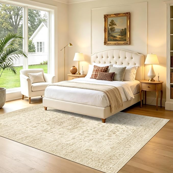 Beige Living Room Rug, Vintage Boho Washable Rug 6x9 for Bedroom | Nursery Area Rug for Dining Room, Low Pile Neutral Large Carpets With Non-Slip Silicone Backing, Non-Shedding