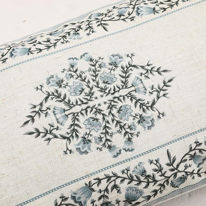 ISAENNE Designer Linen Throw Pillow Cover,Set of 2,28"x12"-Segerman A | Elegant Chinoiserie Rectangle Pillow Cover,Concealed Zipper Design,Floral Pattern,Sofas,Bedroom,Living Room,Lounge Chairs