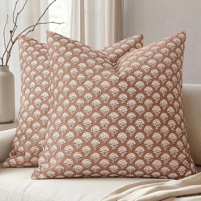 MIULEE Set of 2 Decorative Floral Pillow Covers Neutral Vintage Throw Pillows Block Print Boho Farmhouse Cushion Covers for Modern Spring Home Decor Couch Sofa Bed Living Room, 20x20 Inch, Almond