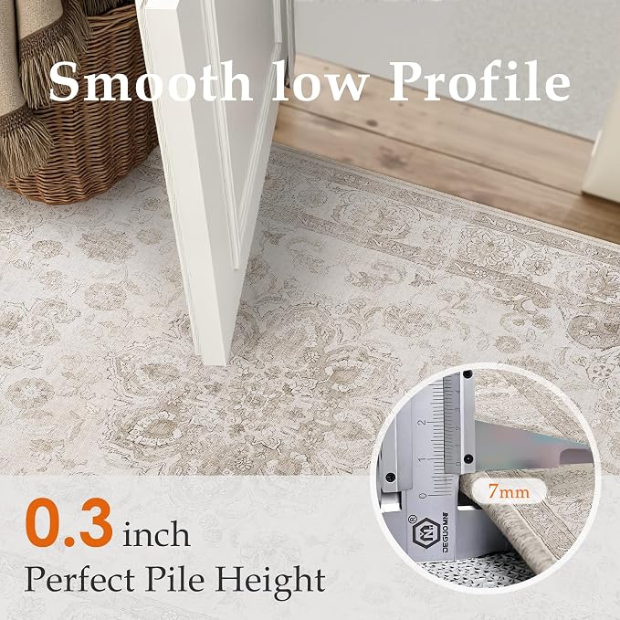 PureCozy Beige Runner Rug 2x6 Washable Carpet Hallway Kitchen Vintage Non Slip Indoor Bedroom Soft Low Pile Distressed Medallion Retro Long Throw Rug for Bathroom Laundry Office Dining Room