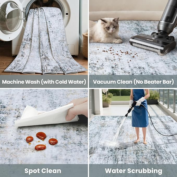 10x12 Area Rugs Washable Rug: Anti-Skid Abstract Modern Living Room Rug Soft Thin Carpets Indoor Floor Non-Shedding Carpet for Bedroom Dining Nursery Home Office (Blue/Grey/Gold/White,10'x12')