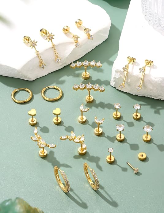 LOLIAS Hypoallergenic Flat Back Earrings-Cartilage Earring Stacks-Surgical Steel Earrings for Sensitive Ears - Small Stainless Steel Flatback Stud Hoop Earring Sets for Helix Tragus Conch Daith Multiple Piercing Jewelry Trendy
