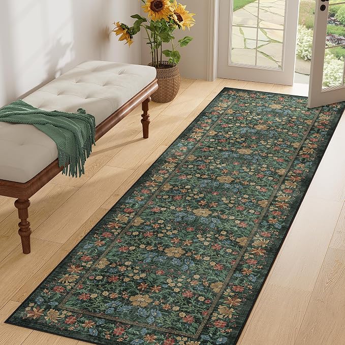 DUKINO 2x10 Runner Rug, Washable Vintage Floral Kitchen Rug, Green | Non Slip, Low Pile, Non-Shedding, Stain Resistant Soft Long Runner Carpet for Hallway, Bathroom, Bedroom, Entryway, Farmhouse