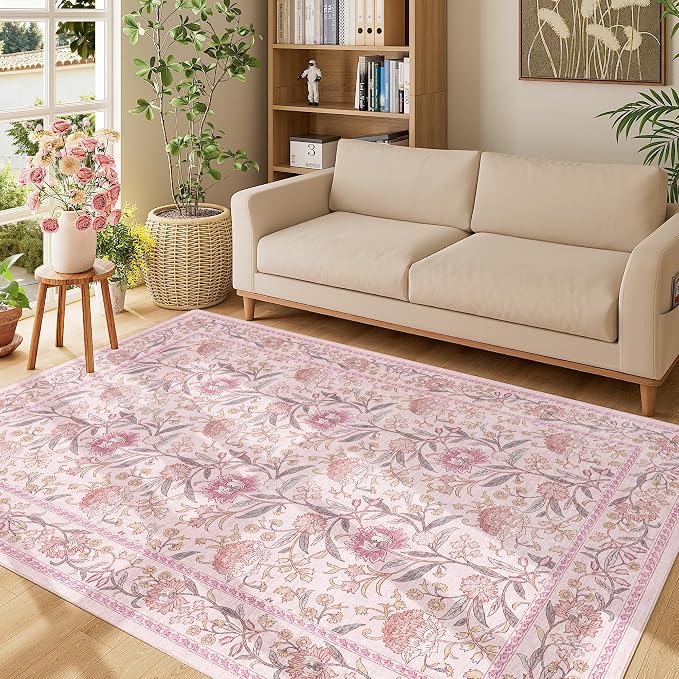 DUKINO 5x7 Area Rugs, Vintage Floral Washable Rug for Living Room, Pink | Non Slip, Low Pile, Non-Shedding, Stain Resistant Lightweight Boho Soft Carpet for Bedroom Home Office Dining Room Farmhouse