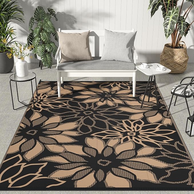 GENIMO Outdoor Rug, Waterproof Plastic Rugs for Patio, 6'x9' Walnut Black | Outside Larger Leaf Carpet Mat for Porch Decor, Deck, Balcony, Camping, RV, Backyard, Picnic, Beach, Reversible, Foldable