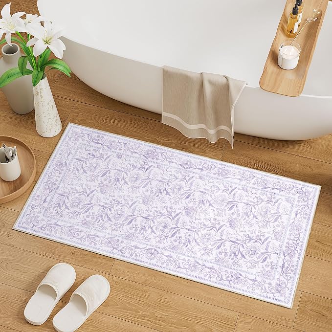 DUKINO 2x4 Rug, Washable Vintage Floral Entryway Rug Non Slip, Purple | Low Pile, Non-Shedding, Stain Resistant Boho Lightweight Soft Indoor Carpet for Kitchen Bathroom Hallway Laundry Farmhouse