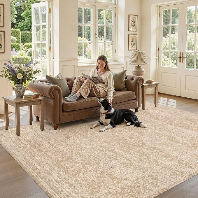 Nakagishi 8X10 Area Rugs Living Room:Washable Large Vintage Rug Neutral Non-Slip Soft Stain Resistant Indoor Carpet for Bedroom Nursery Dining Room Office Playroom
