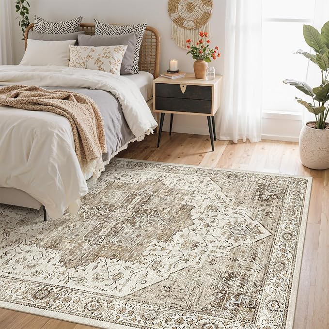 Roxstand Living Room 6x9 Washable Area Rugs, White/Brown | Large Area Rug, Non-slip Backing, Super-Soft Floral Vintage, Low Pile, For Living Room, Bedroom, Dining Room, Office