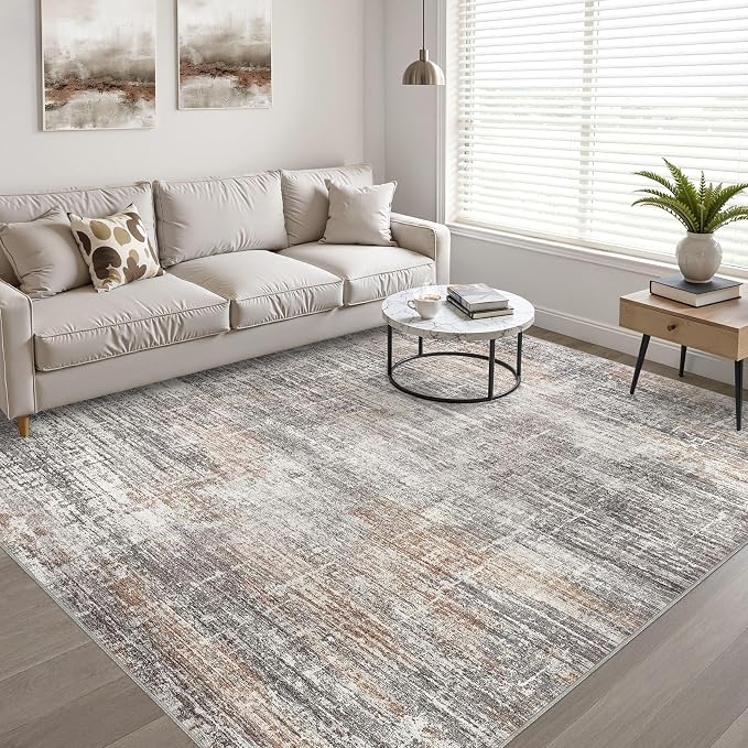 10x14 Area Rugs Living Room: Washable Large Neutral Rug Abstract Soft Modern Stain Resistant Indoor Floor Non-Slip Carpet for Bedroom Nursery Kids Office Playroom Dining Room Under Table- Gray Rust