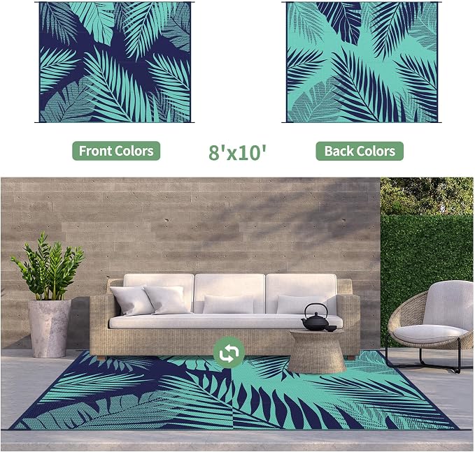 GENIMO Outdoor Rug, Waterproof Plastic Rugs for Patio, 8'x10' Blue Green | Outside Larger Leaf Carpet Mat for Porch Decor, Deck, Balcony, Camping, RV, Backyard, Picnic, Beach, Reversible, Foldable