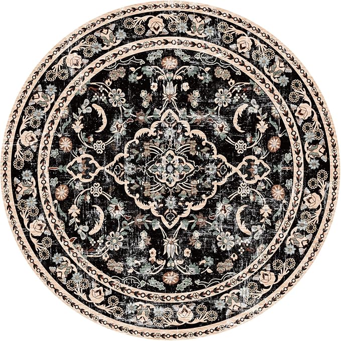 Vhong Boho Area Rugs Vintage Washable Modern Neutral Carpet Black 8×8 High Traffic Round Rugs for Dinning Room Living Room Bedroom Farmhouse Non Slip