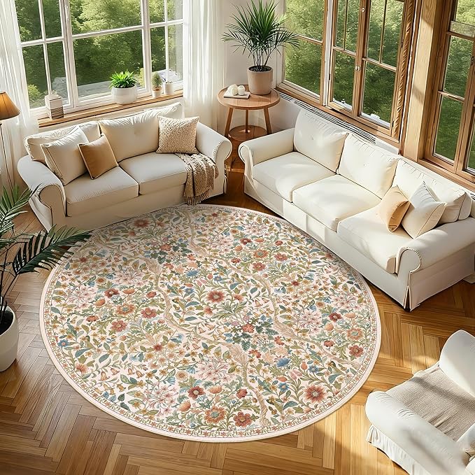Round Rug 7ft Beige Washable Floral Circle Rug,Vintage Boho Botanical Round Area Rugs, Non-Slip Soft Low-Pile Circular Carpet for Bedroom,Kids Room,College Dorm,Home Decor