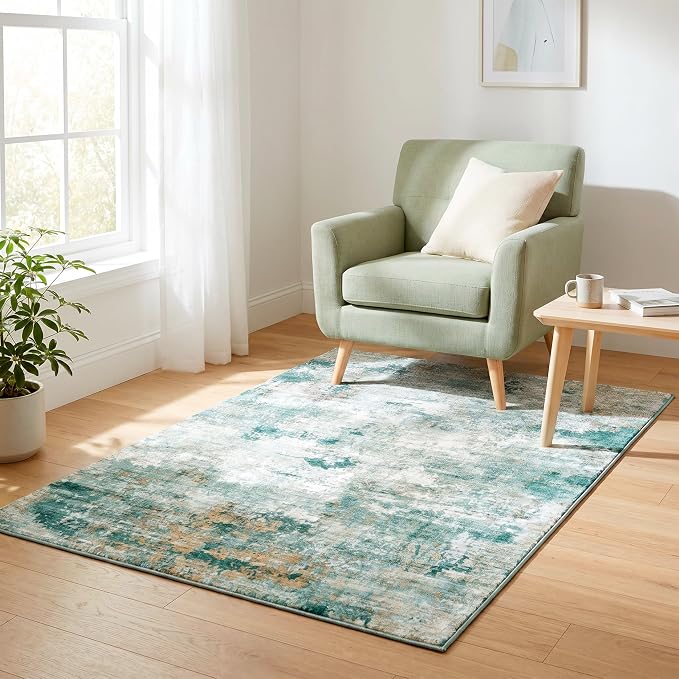 Stain Resistant Abstract Area Rug, 0.3" Low Pile, Non-Slip Cotton-Backed with Silicone Backing, Boho Bedroom Living Room Decor, 3'x5', Sage Green