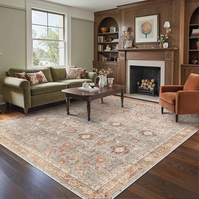 BESBLEE 10X14 Area Rugs Machine Washable Rugs for Living Room, Vintage Boho Large Rugs for Bedroom Dining Room, Non Slip Indoor Soft Distressed Lightweight Thin Low Pile Carpet, Orange