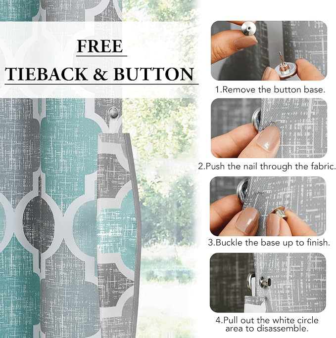 Beauoop Moroccan 100% Blackout Sliding Door Curtains Aqua Grey 100x96 1 Set | Geometric Room Darkening Patio Curtains Extra Wide Room Divider Drapes Thermal Soundproof Lattice Window treatment Grommet