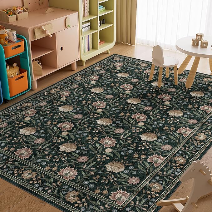 DUKINO 8x10 Area Rug Vintage Floral Washable Rug for Living Room Dark Green | Non Slip, Low Pile, Non-Shedding, Stain Resistant Boho Soft Indoor Large Carpet for Bedroom Dining Room Farmhouse, Home Decor