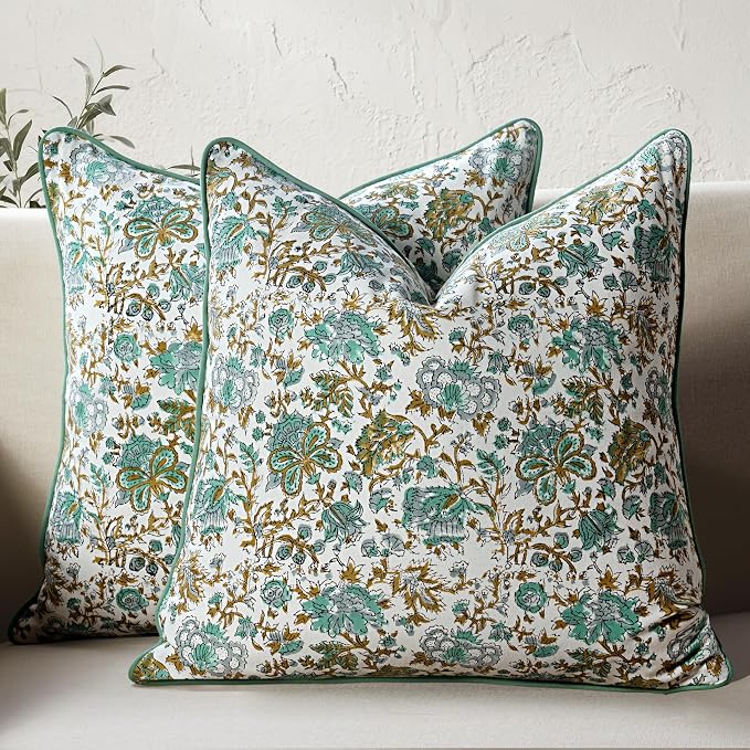 CPC 100% Cotton Throw Pillow Covers 18x18 Inch, Set of 2 Blue Block Print Pattern Couch Pillow, Cute Boho Decorative Pillows for Living Room, Bedroom with Hidden Zipper- Harvest Bloom