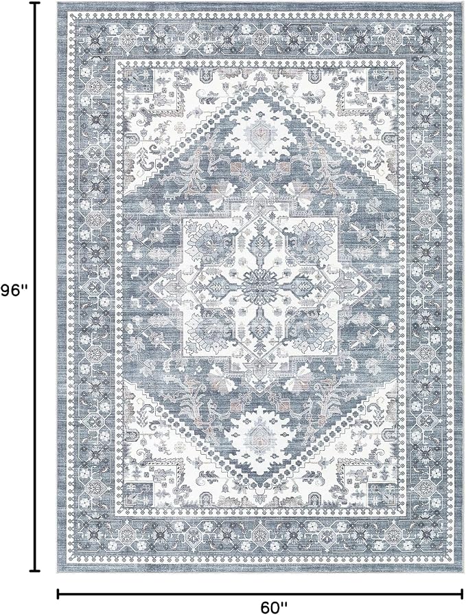 5x8 Vintage Area Rug: Washable Neutral Soft Non Slip Thin Large Floor Carpet for Living Room Bedroom Kitchen Dining Room Home Office Farmhouse Indoor - Blue