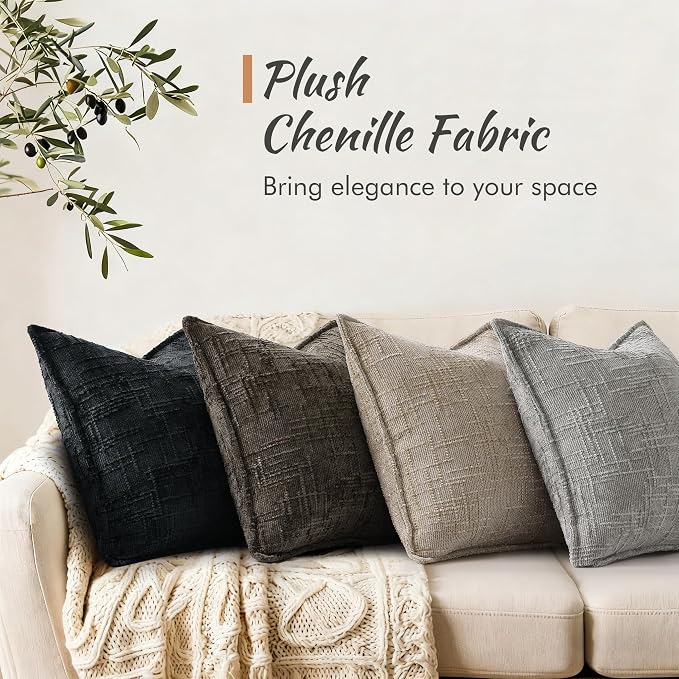 decorUhome Chenille Decorative Throw Pillow Covers 20x20 Set of 2,Oatmeal | Soft Texture, Slubby Modern Design, Flange Edges, Cozy Accent Pillow Covers for Couch, Sofa, Bed, Living Room