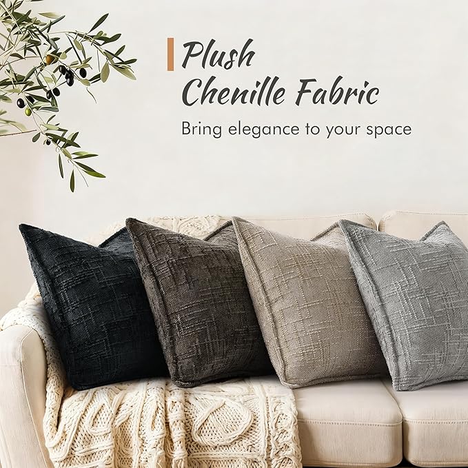 decorUhome Chenille Decorative Throw Pillow Covers 16x16 Set of 2,Oatmeal | Soft Texture, Slubby Modern Design, Flange Edges, Cozy Accent Pillow Covers for Couch, Sofa, Bed, Living Room