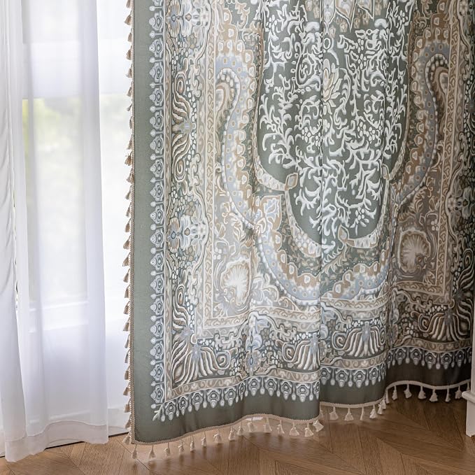 Sage Green Medallion Curtains 63 Inches Long, Boho Farmhouse Light Filtering Rod Pocket Drapes with Tassel Trim for Bedroom Living Room, 2 Panels