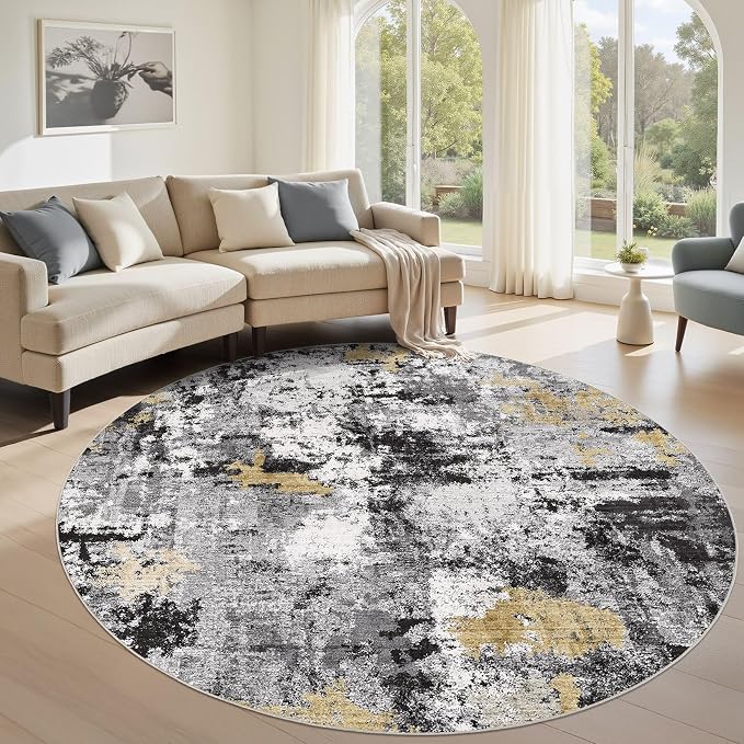 Abstract 6FT Round Rug: Machine Washable Non Slip Ultra Thin Low-Pile Carpet, Soft Stain Resistant for Living Room Bedroom Nursery, Kid Pet Friendly, Robot Vacuum Compatible - Black Gold