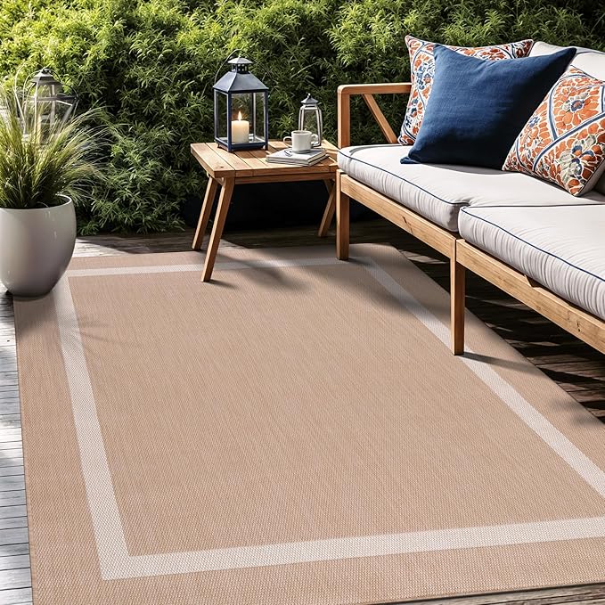 Luul Home Bordered Outdoor Rug 10x14 Washable Outside Carpet for Indoor Patio Porch Waterproof Easy Cleaning Non Shedding Area Rugs Beige 10 x 14