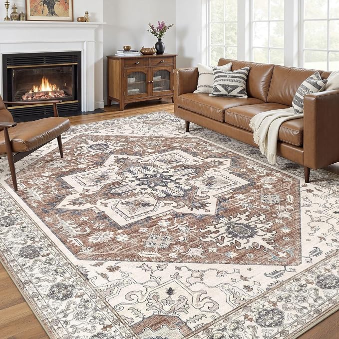 Area Rug 10x14 for Living Room - Washable Oriental Vintage Floral Distressed Large Indoor Carpets with Non Slip Back for Bedroom Dining Room Nursery Office Home Decor -Terracotta/Brown