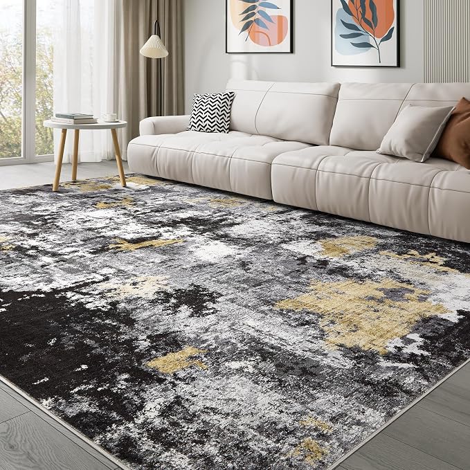 Abstract 10x12 Area Rug: Machine Washable Non Slip Ultra Thin Low-Pile Carpet, Soft Stain Resistant for Living Dining Room Bedroom, Kid Pet Friendly, Robot Vacuum Compatible - Black Gold