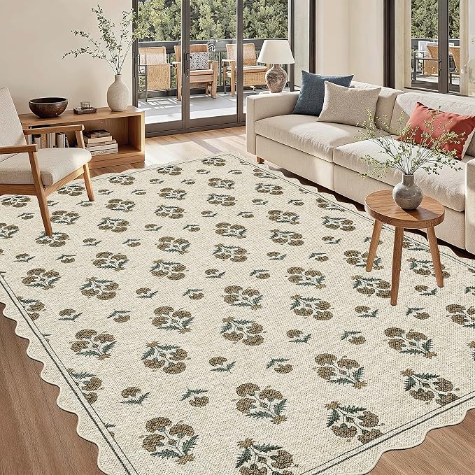 ORTIGIA Scalloped Easy Jute 5x7 Area Rug Vintage Yellow Block Floral Farmhouse Washable Rug Non-Slip Indoor Outdoor Carpet for Living Room Bedroom Patio Entryway