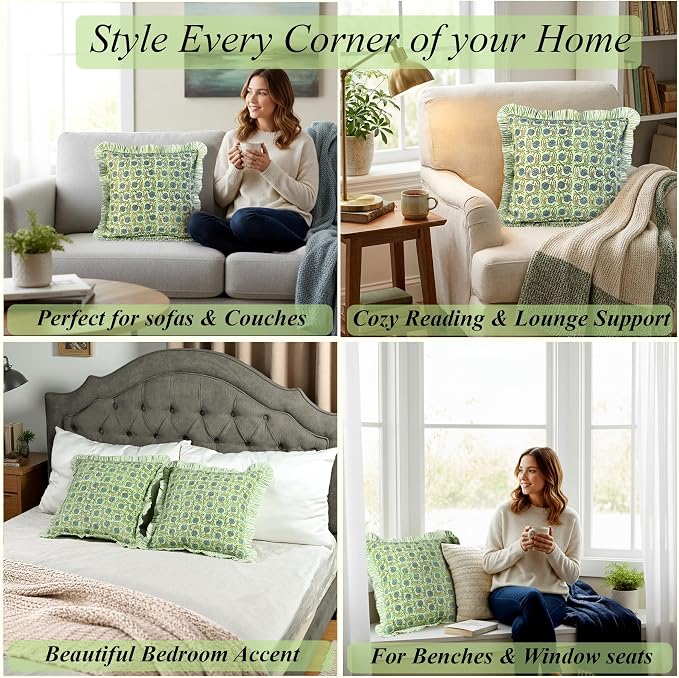 Ridhi Block Print Apple Green Floral Throw Pillow Cover 18" x 18" (Pack of 2) Decorative Cushion Covers with Ruffle for Couch, Sofa, Bed, Living Room, Home Decor Gift for Spring, Easter, Valentine