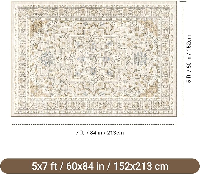 befbee 5x7 Area Rug for Living Rooms, Stain Resistant Neutral Washable Rugs for Dining Rooms, Floral Vintage Non-Slip Thin Large Size Area Rugs(Beige)
