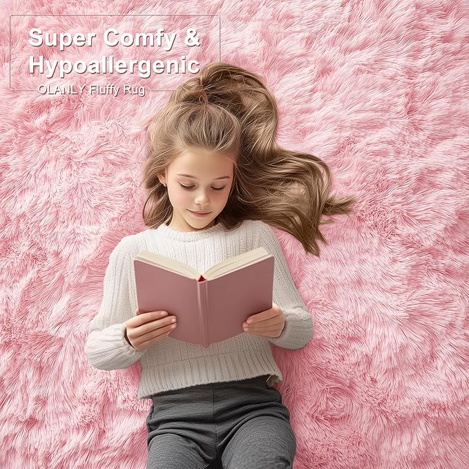 OLANLY 5x7 Machine Washable Large Area Rugs for Living Room, Bedroom, Soft Fluffy Shaggy Bedside Rug, Indoor Floor Carpet for Kids Girls and Boys, Dorms, Nursery, Home Decor Aesthetic, Pink