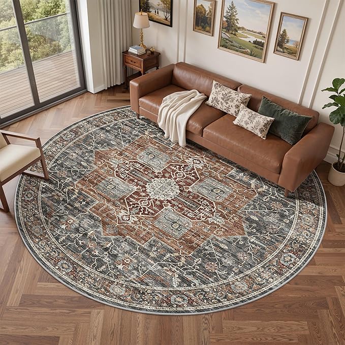 Roxstand 9ft Round Washable Area Rug, Non Slip Rug, Grey/Brown/Tan | Large Round Rug, Vintage, Non-slip Backing, Low-Pile Carpet, Stain Resistant, Rugs for Living Room Bedroom Dining Room