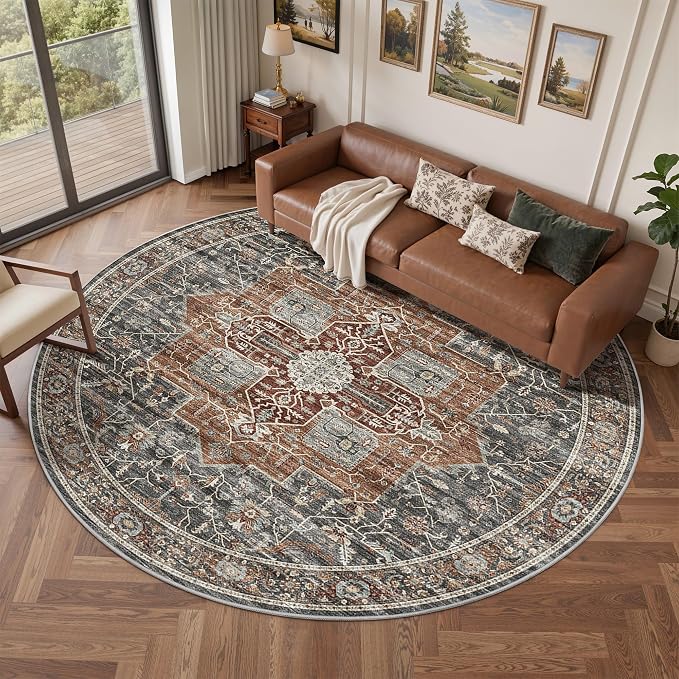 Roxstand 8ft Round Washable Area Rug, Non Slip Rug, Grey/Brown/Tan | 6x6 Low Pile Rug, Stain Resistant, Non-Shedding Surface, Pet & Kid Friendly Circle Rug for Living Room, Bedroom, Dining Room