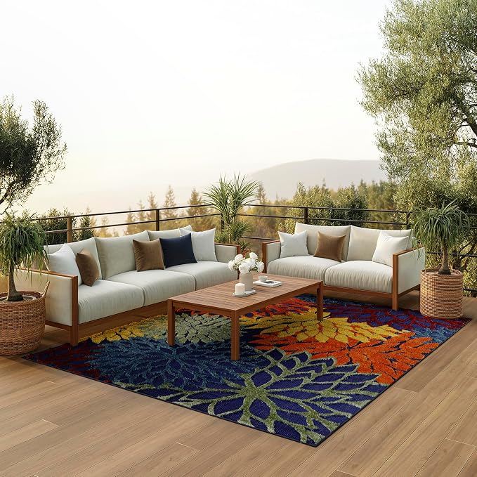 Nourison Home Aloha Navy Multicolor 9' x 12' Area Rug - Easy Clean, Non Shedding, Bed Room, Living Room, Dining Room, Kitchen (9' x 12')