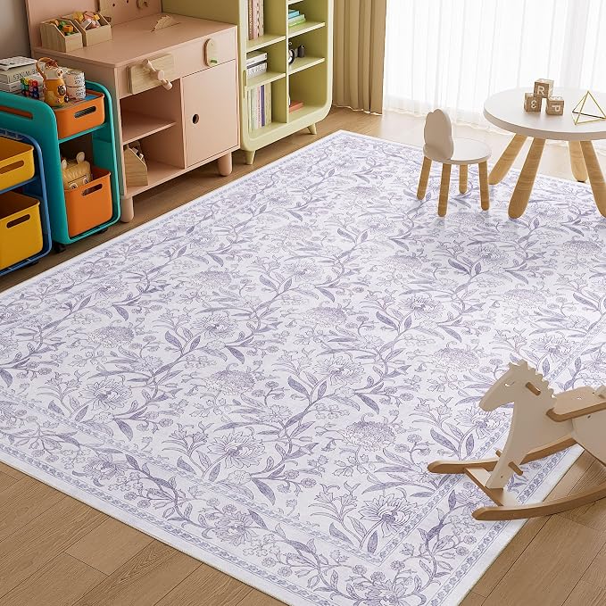 DUKINO 9x12 Area Rug for Living Room, Vintage Floral Washable Rug, Purple | Non Slip, Low Pile, Non-Shedding, Stain Resistant, Aesthetic Soft Indoor Large Carpet for Bedroom Dining Room Farmhouse