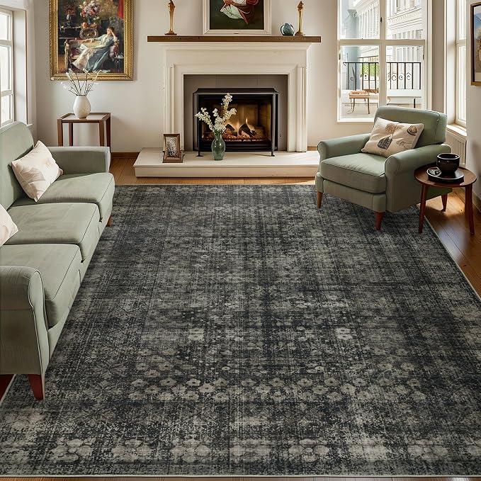 8x10 Vintage Washable Area Rug, Black | Living Room, Low Pile, Non Slip Carpet, Non-Shedding, Soft Indoor Stain Resistant, Floral Print Mat for Bedroom Dining Room