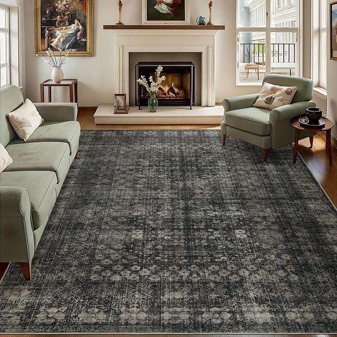 5x7 Vintage Washable Area Rug for Living Room,Low Pile Non Slip Carpet Non-Shedding Area Rug Soft Indoor Stain Resistant Rug Floral Print Mat for Bedroom Dining Room Black