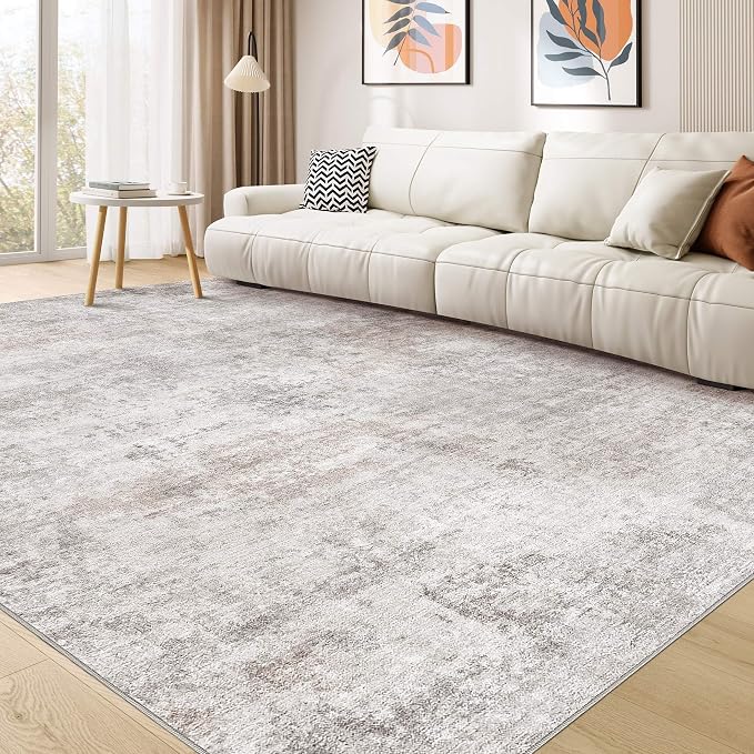 Abstract 6x9 Area Rug: Machine Washable Non Slip Ultra Thin Low-Pile Carpet, Soft Stain Resistant for Living Room Bedroom Nursery, Kid Pet Friendly, Robot Vacuum Compatible - Brown Grey