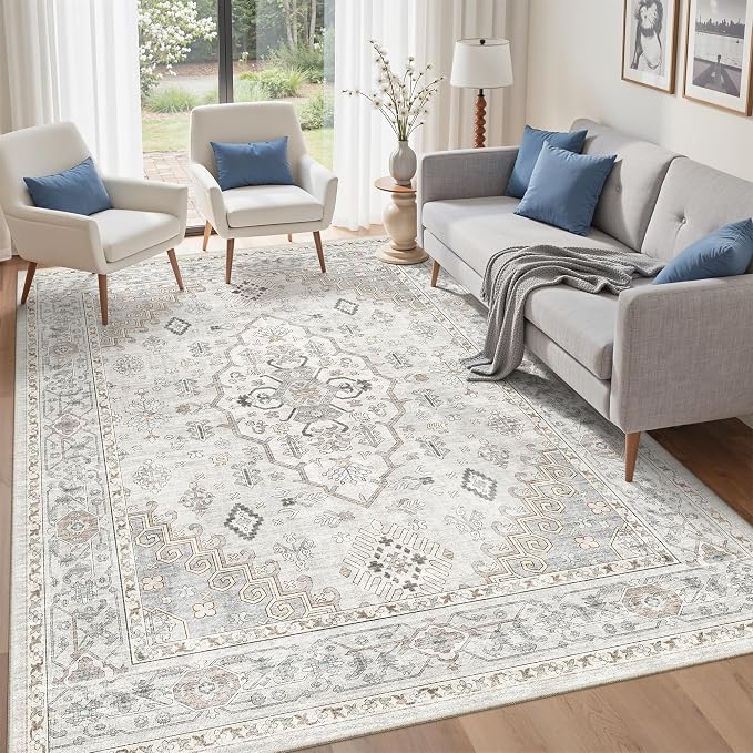 befbee 5x7 Area Rugs for Living Rooms, Stain Resistant Neutral Washable Rugs for Dining Rooms, Floral Vintage Non-Slip Thin Large Size Area Rug(Light Grey)
