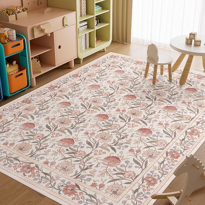 DUKINO 8x10 Area Rug Vintage Floral Washable Rug for Living Room Beige Pink | Non Slip, Low Pile, Non-Shedding, Stain Resistant Boho Soft Indoor Large Carpet for Bedroom Dining Room Farmhouse, Home Decor