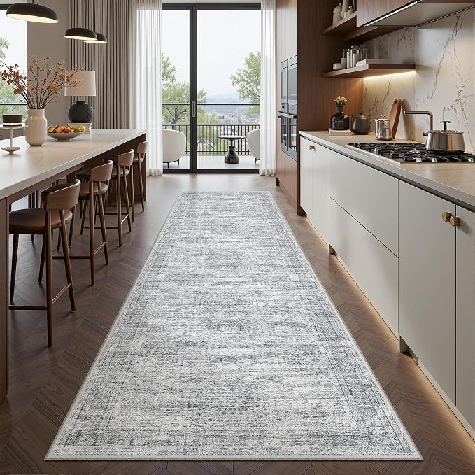 2x10 Runner Rug Non Slip,Washable Hallway Runner Rug,Grey | Long Neutral Rugs for Kitchen,Entryway,Bedroom,Bathroom,Laundry Room,Thin,Soft Runner Rug,Stain Resistant Indoor Carpet