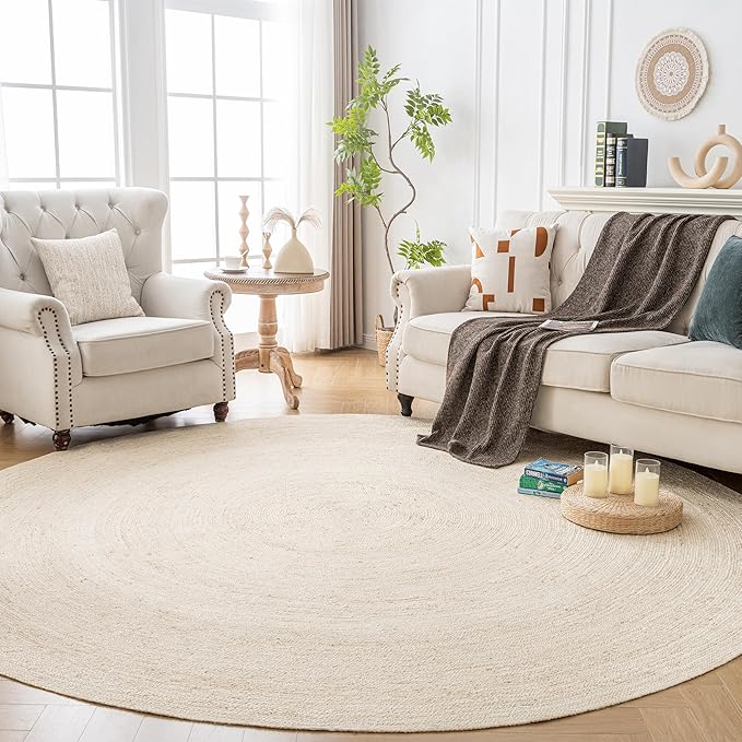 Shatex Round Jute Rug 8 Feet, Chunky Hand Braided Rug Farmhouse Style for Home Decor, Bedroom, Living Room, 100% Natural Jute Fiber, Diameter 96 Inch, Off-White