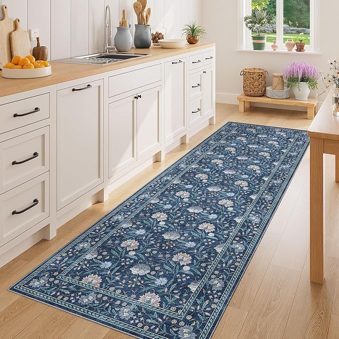 DUKINO 2x6 Runner Rug, Washable Vintage Floral Kitchen Rug, Dark Blue | Non Slip, Low Pile, Non-Shedding, Stain Resistant Soft Carpet Runner for Hallway Bathroom Entryway Bedroom Laundry Farmhouse
